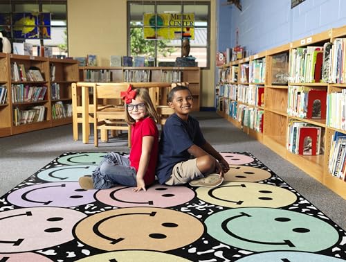 Pastel Rainbow Smiley Face Classroom Area Rug, 7'6" x 12' Kids Play Carpet