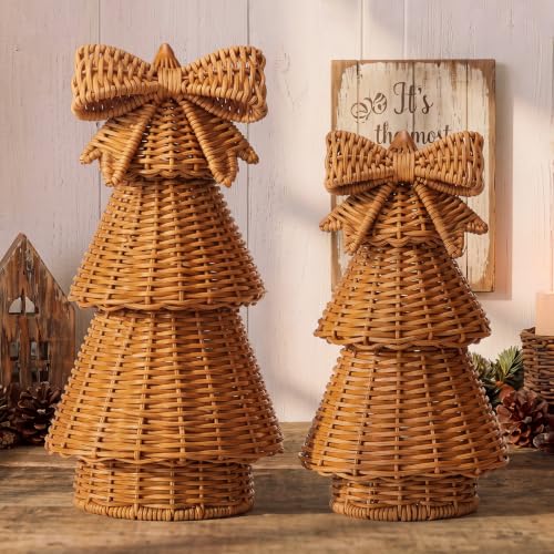 Bucherry 2 Pcs Rattan Christmas Trees Rustic Woven Decor Brown Variation