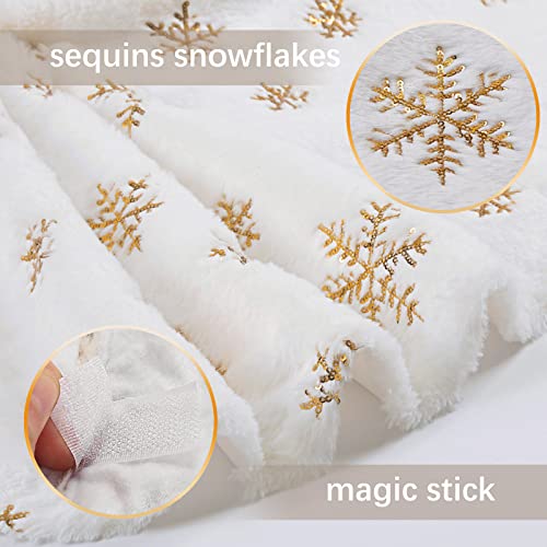 36-Inch White Faux Fur Christmas Tree Skirt with Gold Sequin Snowflakes