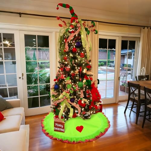 Soulchen 48 Inch Lime Green Christmas Tree Skirt Felt Tree Collar with Plush Trim