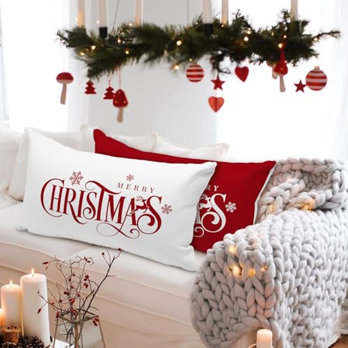 Lanpn 12x24 Xmas Pillow Covers Set of 2 Red & White Merry Christmas Snowflake - Front Print, Back Plain