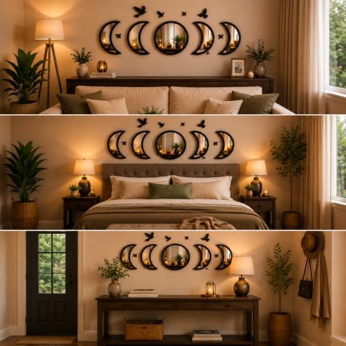 Moon Phase Mirror Wall Decor Set with Birds - Gothic Boho Wall Art