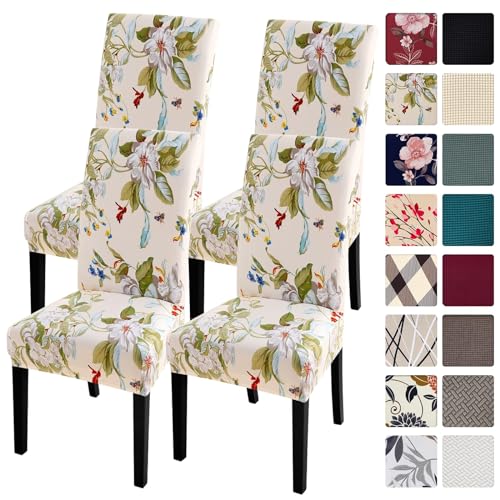Stretch Chair Covers Set of 4, Washable Spandex Protector for Dining Room - Beige Floral