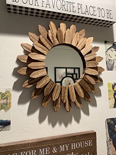 12-Inch Rustic Wood Sunburst Wall Mirror - Decorative Boho Wall Decor