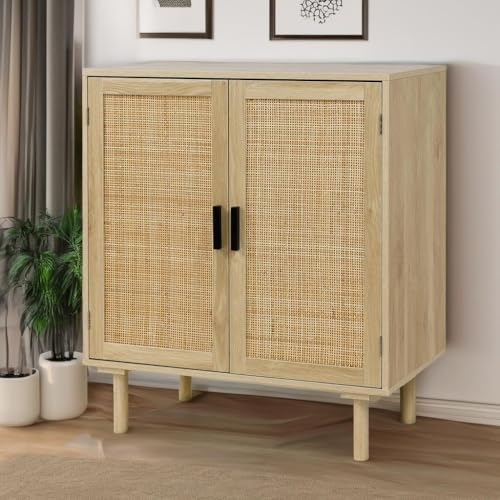 Boho Sideboard Buffet Cabinet with Rattan Doors, Kitchen Storage Console