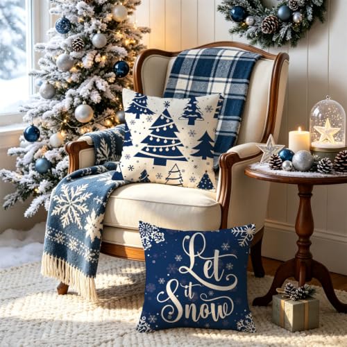 Blue Snowflake Christmas Pillow Covers 20x20 Inch Set of 4 - Holiday Decor