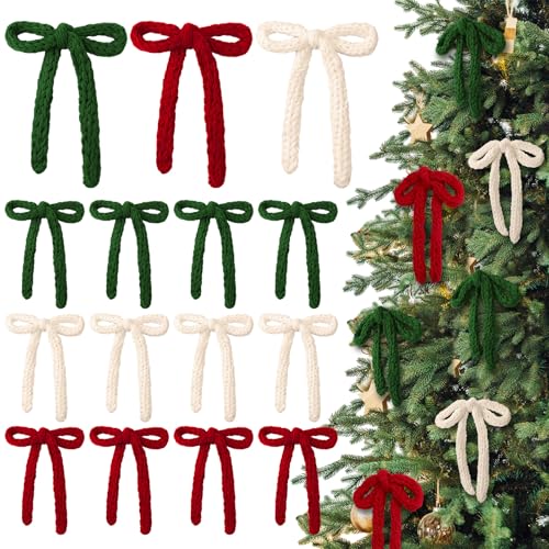 24-Pack Knitted Christmas Bows Ornaments 7in - Red Beige Green, Glitinsel