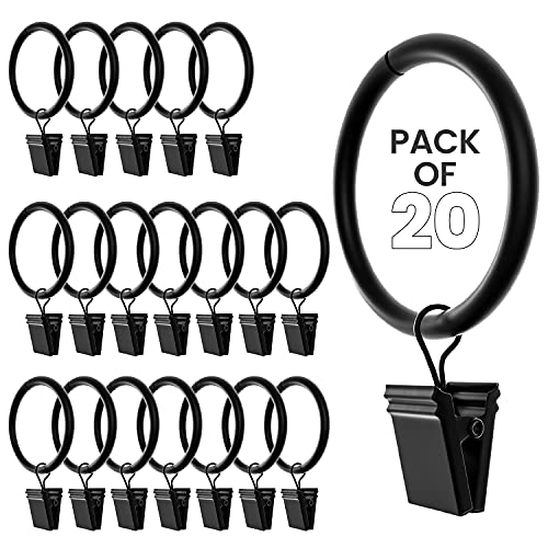 Matte Black Curtain Rings with Clips, 1.5 Inch - 20 Pack