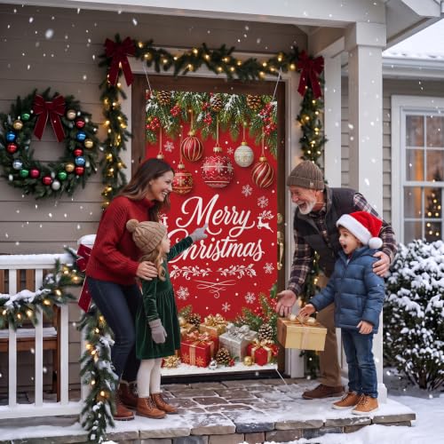 Merry Christmas Door Cover for Front Door 35x71 Inches - Waterproof Holiday Decoration