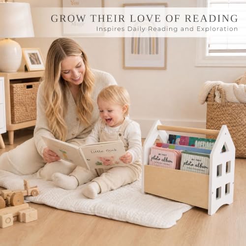 Wooden Kids Bookshelf with Handle - Montessori Toddler Book Storage