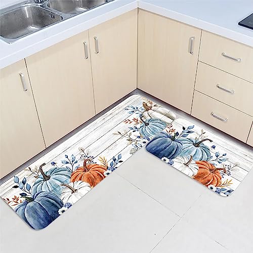 Fall Pumpkin Kitchen Mat Set 2 Pieces with Non-Slip Backing - 15.7"x23.6" & 15.7"x47.2" Thanksgiving Decor Rugs