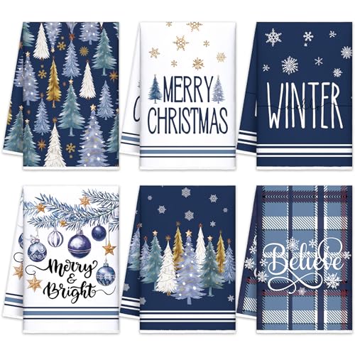 Oudain 6 Pcs Blue Christmas Kitchen Towels - Winter Dish Towel Set