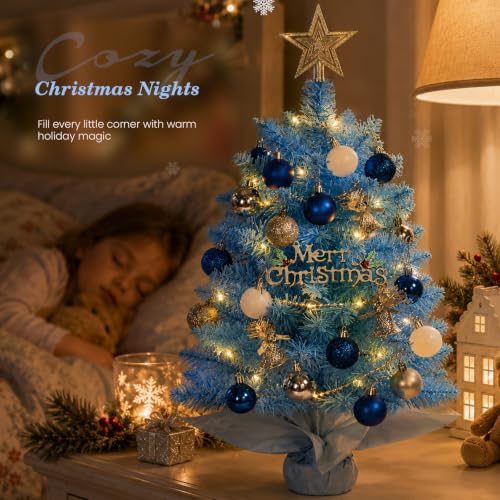 Blue Mini Christmas Tree with Lights - 2 Ft Tabletop Holiday Decor, HOMDAILY