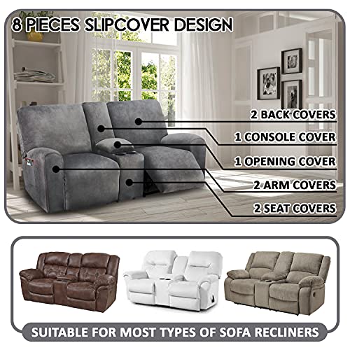2-Seater Reclining Loveseat Cover - Velvet Stretch Slipcover, Dark Grey