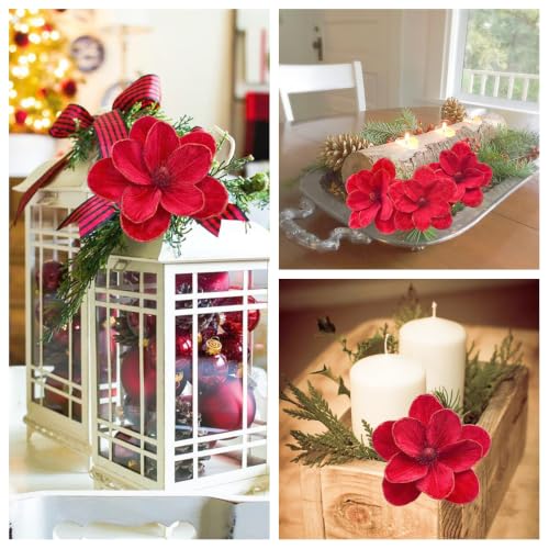 M2cbridge Red Velvet Magnolia Flowers Artificial Poinsettia Stems, 4PCS Christmas Decor