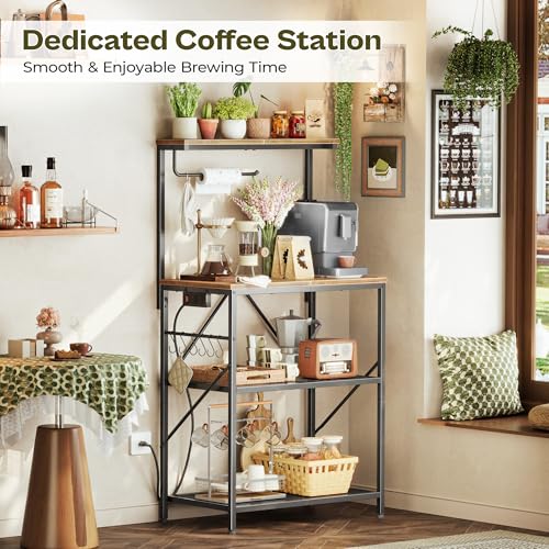 4-Tier Kitchen Bakers Rack with Power Outlet, Microwave Stand & Coffee Bar
