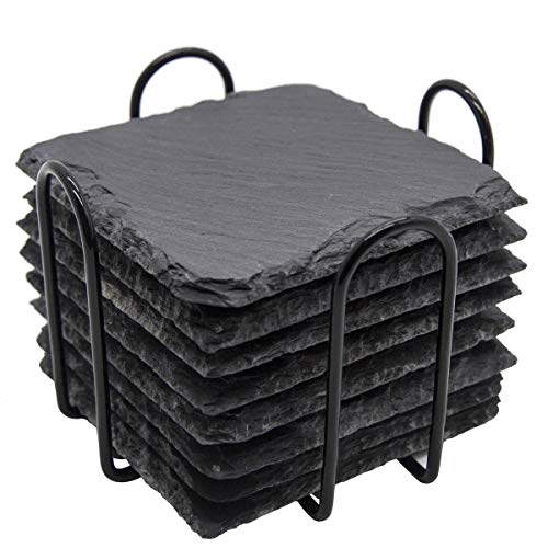 GOH DODD Black Slate Coasters Set of 8 with Metal Holder – Modern Drink Coasters