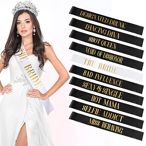 10-Pack Bride and Bridesmaid Satin Sash Set for Bridal Shower Party
