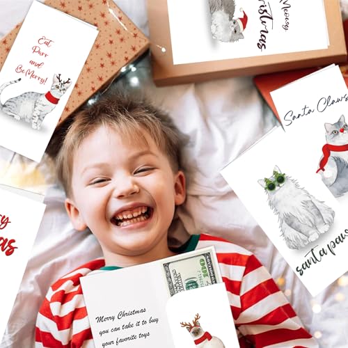 Christmas Cat Money Holder Cards Set - Includes 30 Holiday Greeting & Gift Envelopes