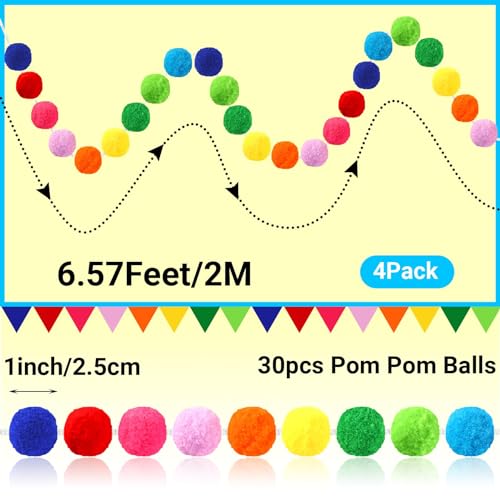 Rainbow Felt Pom Pom Garland (4 Pack) - Colorful Wall & Party Decor