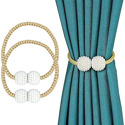 Magnetic Curtain Tiebacks with Pearl Ball, 3-Piece Braided Rope Set