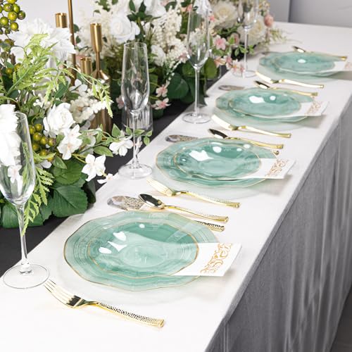 Fabulous Party 100PCS Green Plastic Plates with Gold Rim - Green Wave Variation