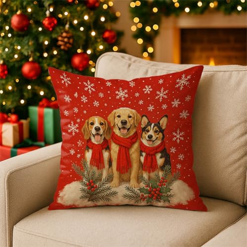 IVN Christmas Dog Trio Pillow Covers 18x18 Inch Set of 2 - Retrievers Holiday Decor