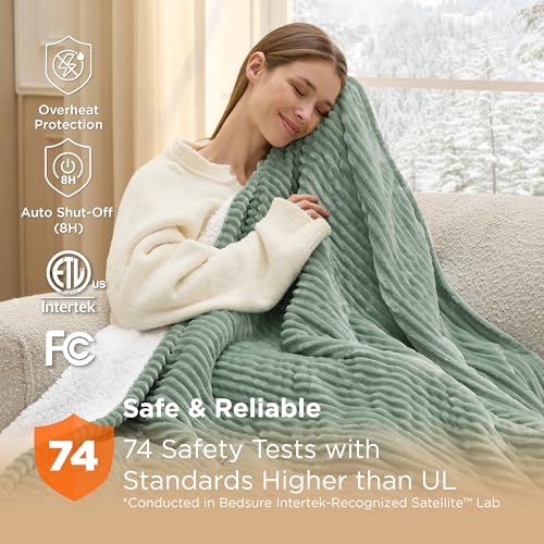Bedsure Green Ribbed Electric Heated Blanket Throw with Preheat - Cozy & Safe