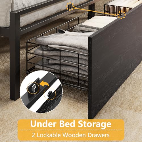 Full Size Metal Platform Bed Frame with LED Headboard, Charging Station & Drawers
