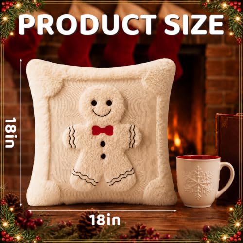 2 Pcs 18x18 Gingerbread Christmas Pillow Covers - 3D Embroidered Velvet - White (Pack of 2)