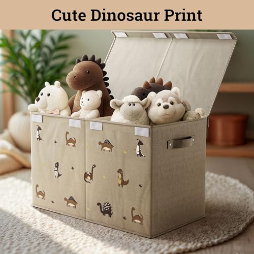 Collapsible Toy Storage Box with Lid, Divider & Dinosaur Print