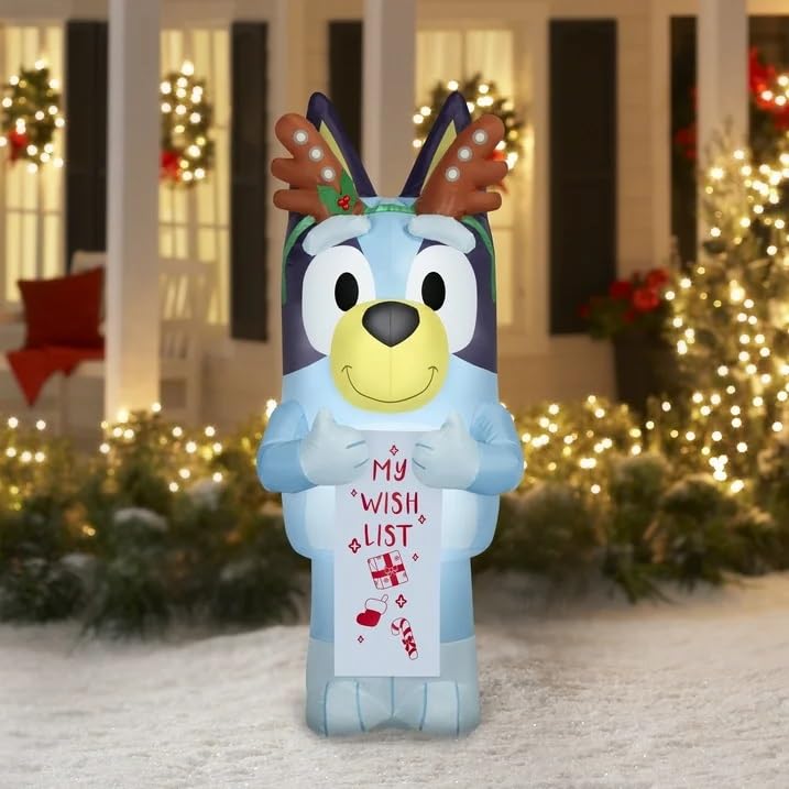 Gemmy 4.5 ft Bluey Christmas Inflatable with Reindeer Antlers and Wish List