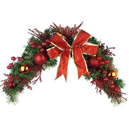 JOJAZE 31 Inch Christmas Swag Door & Wall Decor with Red Berries & Ribbon Bow