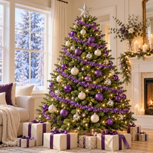 Purple Foil Tinsel Garland 15 Yards Christmas Decorations Thick Multi-Layer