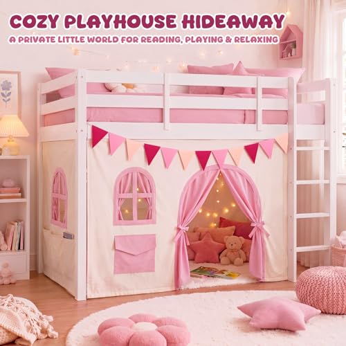 3-Panel Bunk Bed Curtain Set with Felt Pennant for Loft Bed Playhouse
