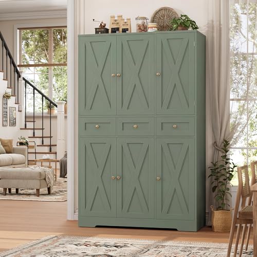 67" Farmhouse Kitchen Pantry Cabinet with Drawers, Green Storage Cupboard