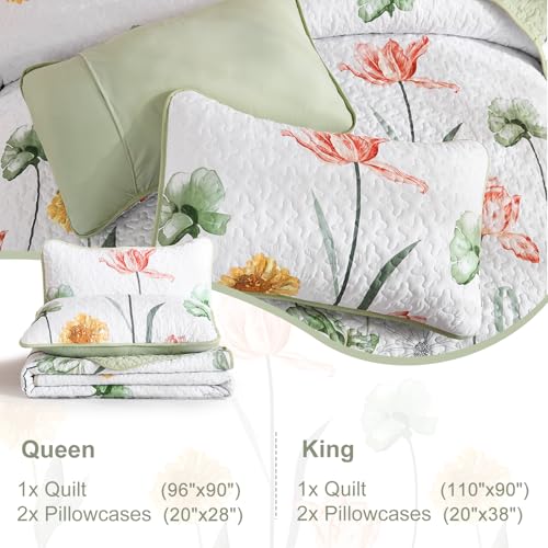Sage Green Floral Quilt Set - Full Size 3-Piece Bedspread Coverlet Set