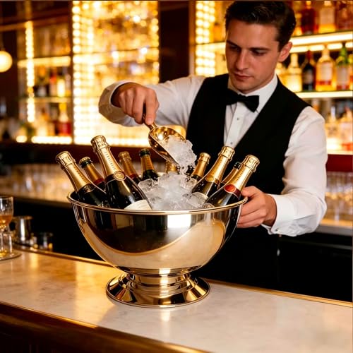 Stainless Steel Champagne Bucket with Scoop - Large 15.3" Wine Chiller for 8 Bottles, Mirror Finish, Heavy Duty, Gold