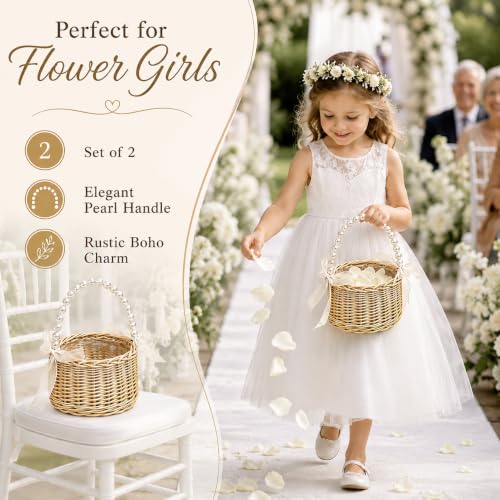 Wicker Flower Girl Basket Set of 2 with Pearl Handle & Bow for Weddings