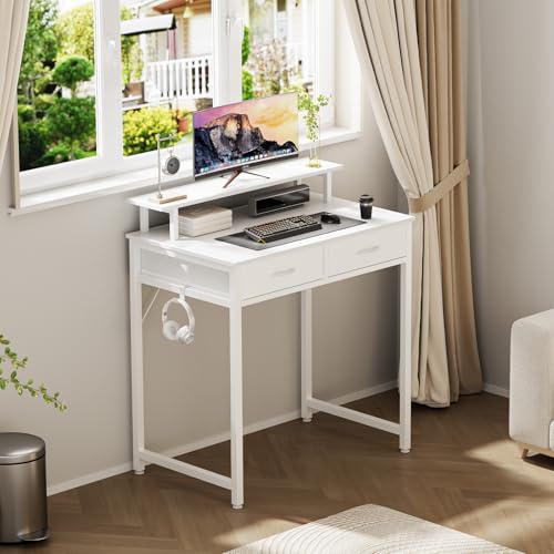 31-Inch Small Computer Desk with Drawers and Monitor Stand - White