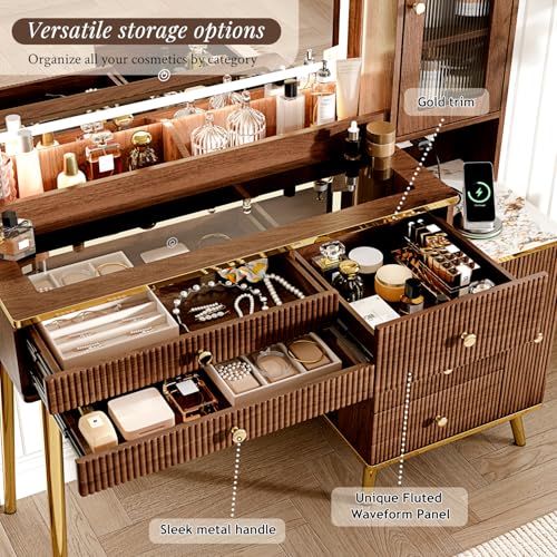 Modern Makeup Vanity Desk with Lighted Mirror, 7 Drawers & Charging Station