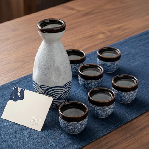 Japanese Porcelain Sake Set with 1 Bottle, 6 Cups & 6 Chopsticks - Blue Wave Pattern