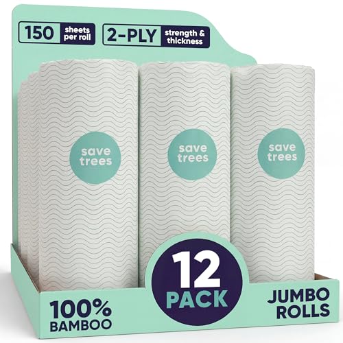 Bamboo Paper Towels 12 Pack - 1800 Sheets Ultra Absorbent Kitchen Rolls