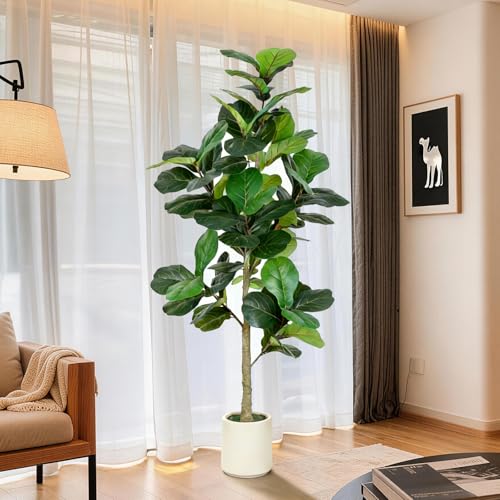 6FT Fiddle Leaf Fig Artificial Tree with White Planter - Indoor/Outdoor Faux Plant
