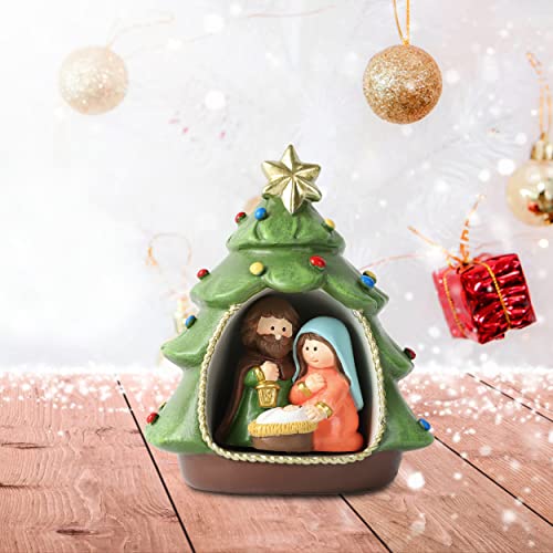 Resin Christmas Tree Nativity Scene Figurine - Holy Family Tabletop Decor