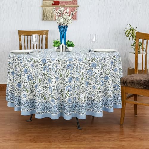 Smalt Blue 90-Inch Round Hand Block Printed Cotton Tablecloth - Floral, Washable, Home Decor