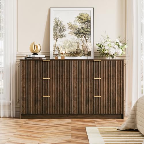 Modern 6-Drawer Walnut Dresser with Gold Handles, Wide Storage Chest