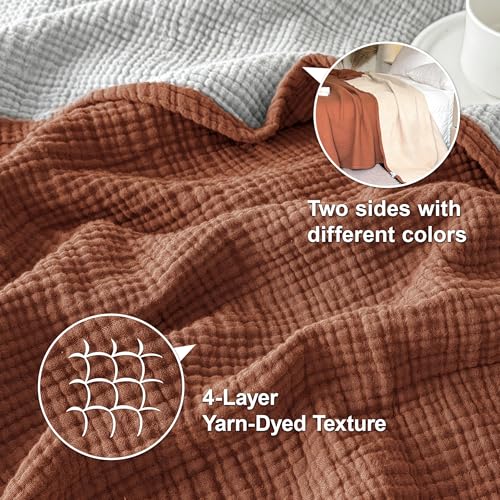 100% Cotton Muslin Blanket King Size - Soft & Breathable 4-Layer Design (Rust Orange, 104" x 92")