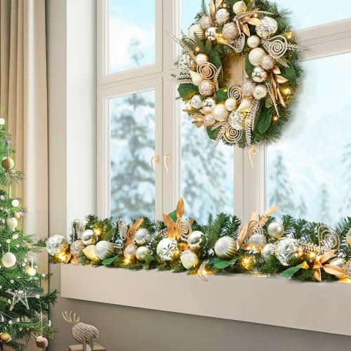 Prelit Christmas Garland with Champagne Gold Ornaments - 6 Ft Holiday Decor with Lights