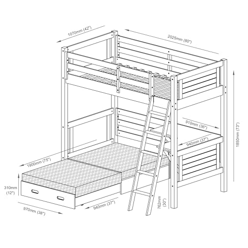 Twin Size Loft Bed with Built-in Desk and Fold-Out Futon, White